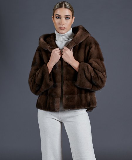 Mink fur jacket with hood and sleeve 3/4 • brown color