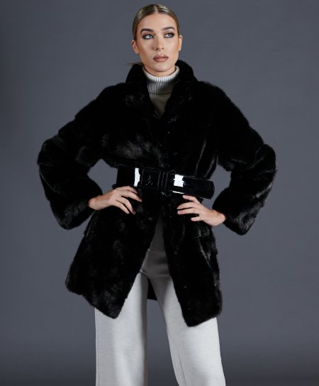 Mink fur coat ring collar and long sleeve • black color