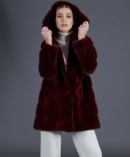 Mink fur jacket with hood and long sleeves • red purple color