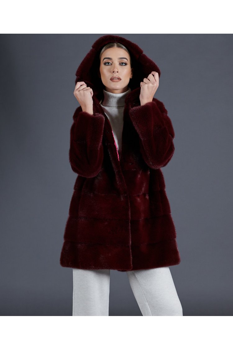 Mink fur jacket with hood and long sleeves • red purple color