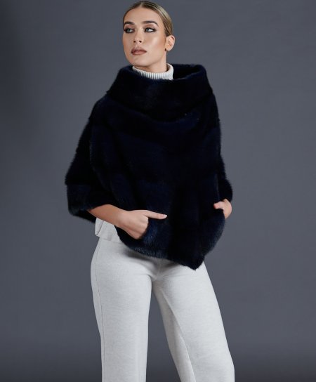 Mink fur cape poncho style ring collar • blue color