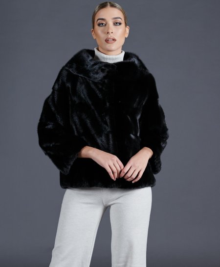 Mink fur jacket round collar 3/4 sleeve • black color