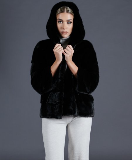 Mink fur jacket with hood and sleeve 3/4 • black color