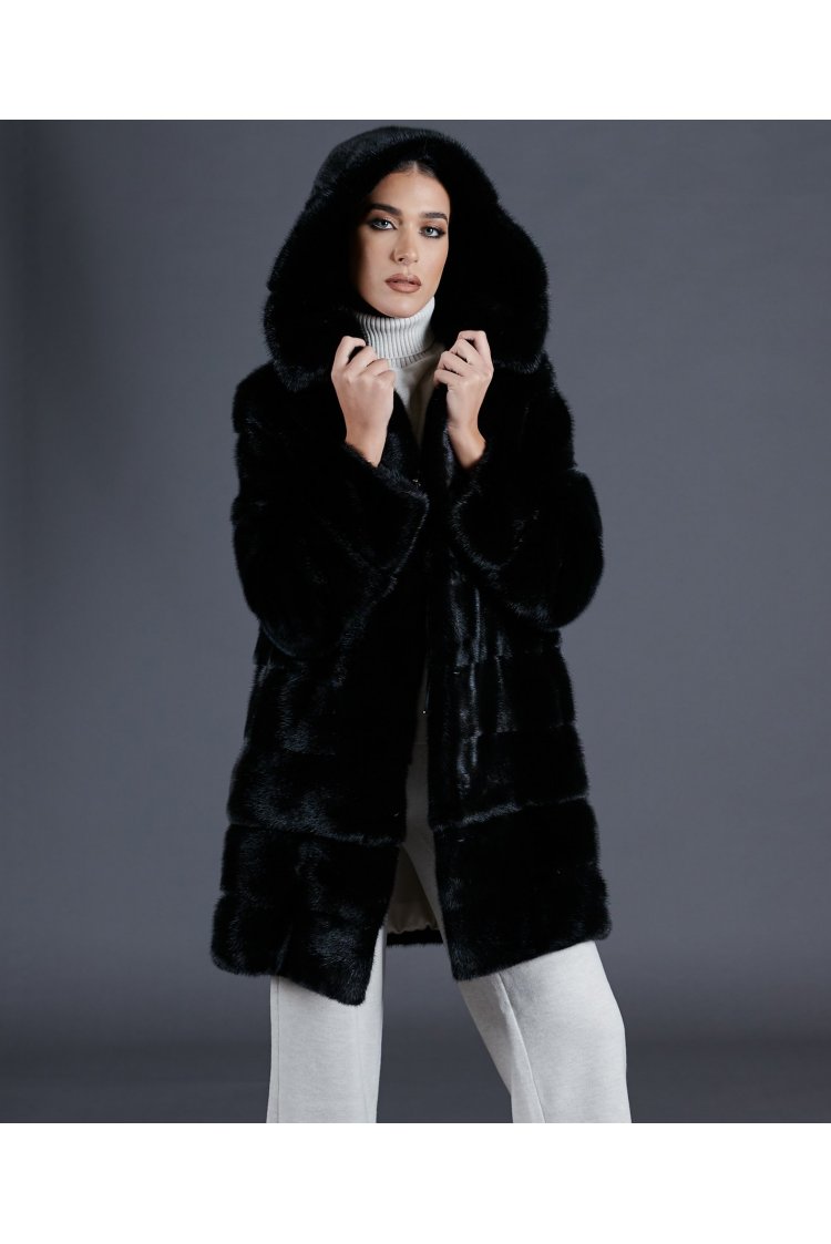 Mink fur coat with hood and long sleeve • black color