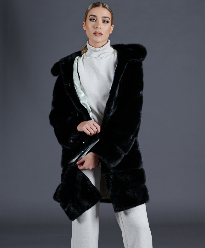 Mink fur hooded coat real mink fur black color- Furriers Mink fur hooded coat real mink fur black color- Furriers