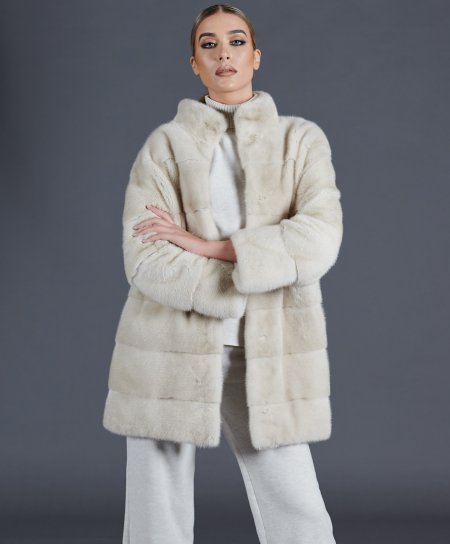 Mink fur coat ring collar and long sleeve • pearl color