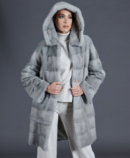 Mink fur coat with hood and long sleeve • sapphire color
