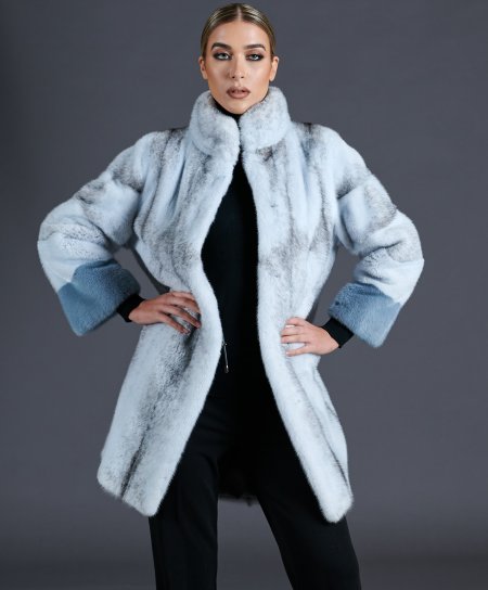 Mink fur coat ring collar high collar • light blue color