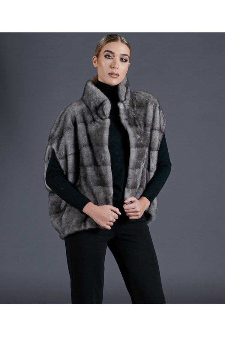 Sleeveless mink fur jacket ring collar • grey color