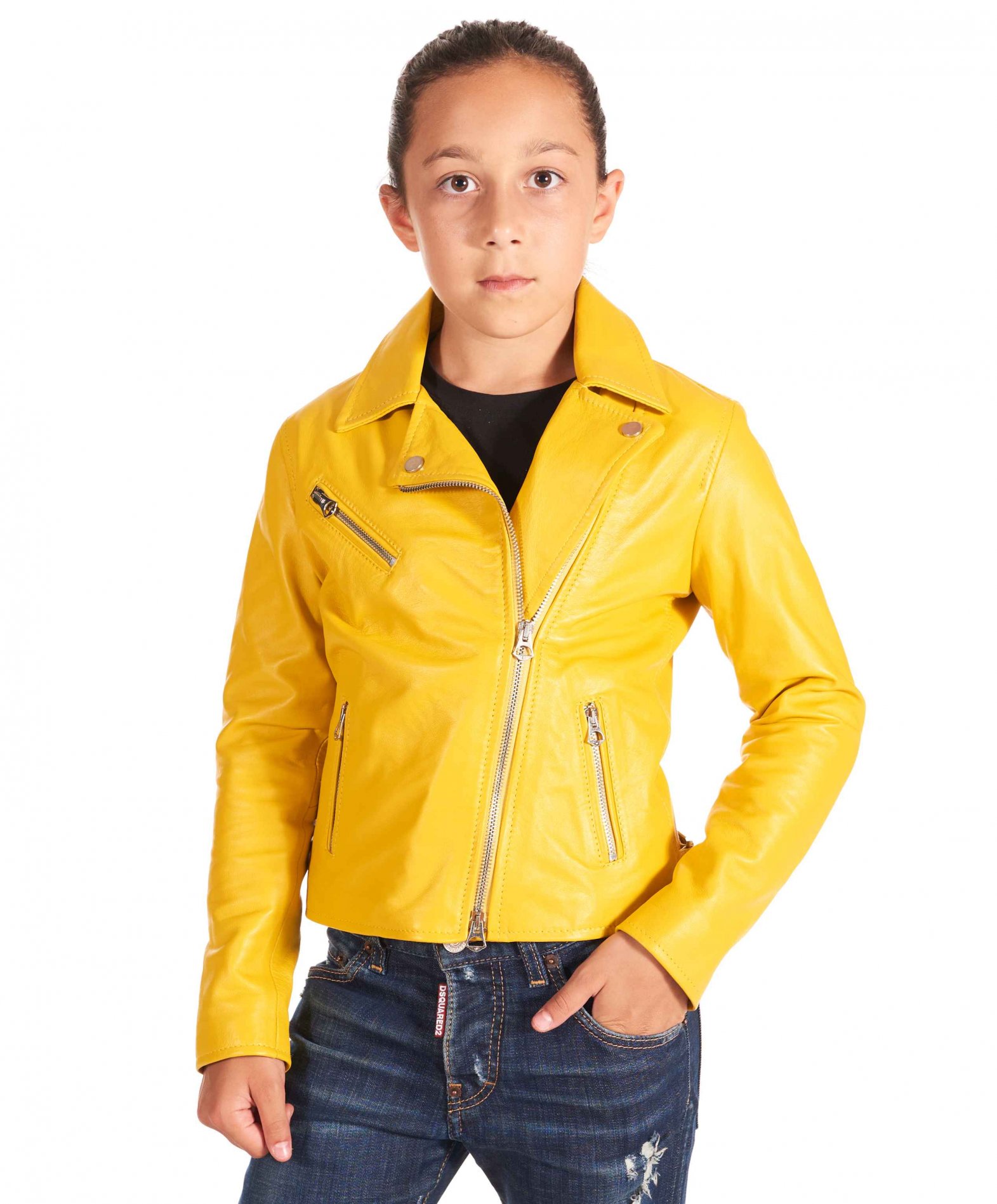 Kid's Leather Biker Jacket cross zip yellow Chiodo Baby