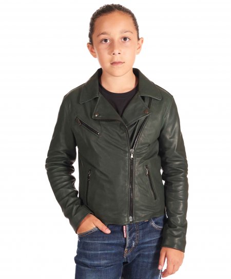 Green baby natural leather jacket unisex biker style
