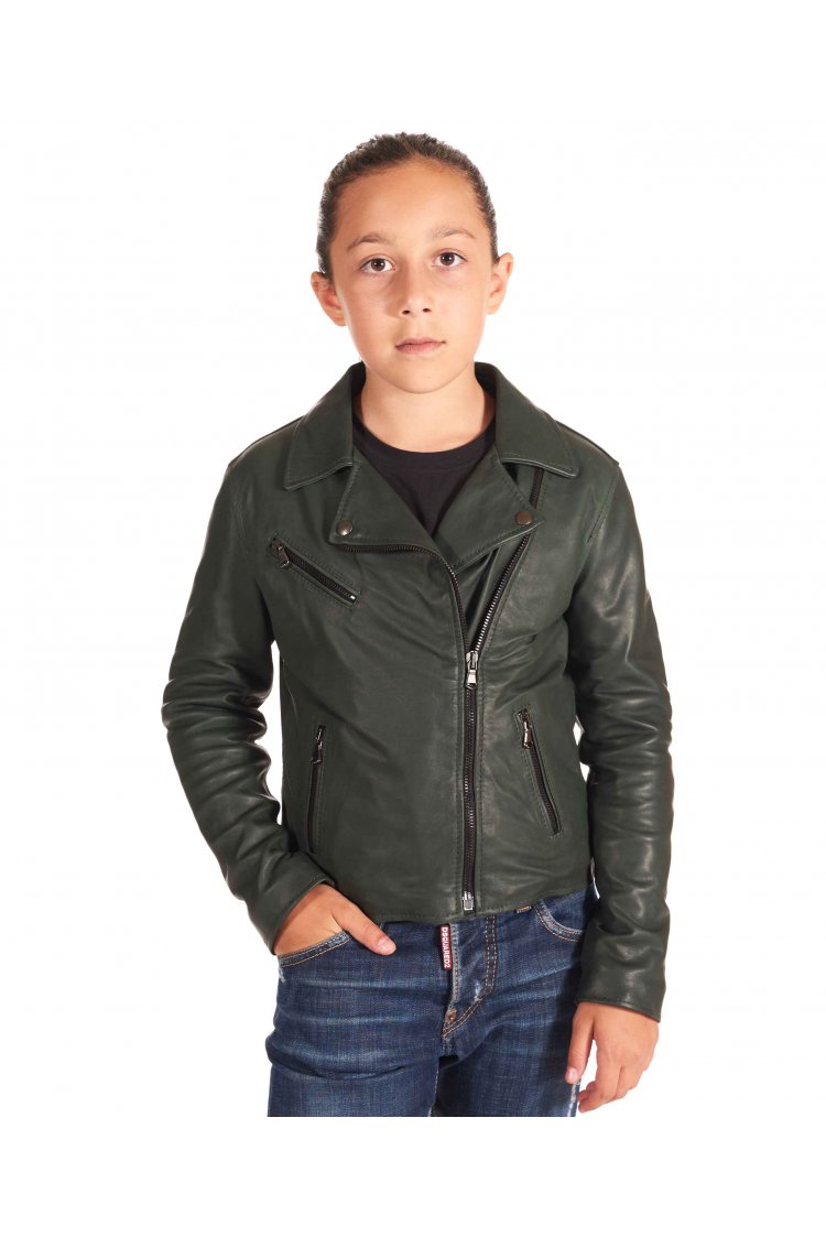 Green baby natural leather jacket unisex biker style