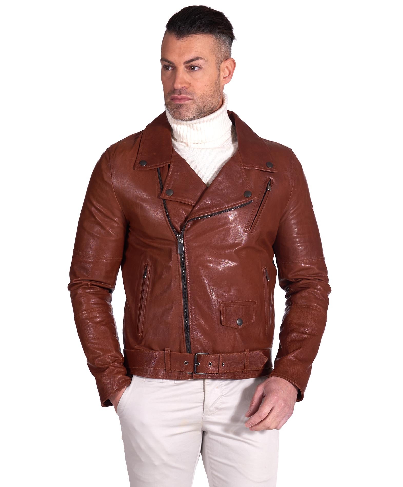 Man Leather Biker Jacket belted wrinkled aspect tan Biker Chiodo | D ...