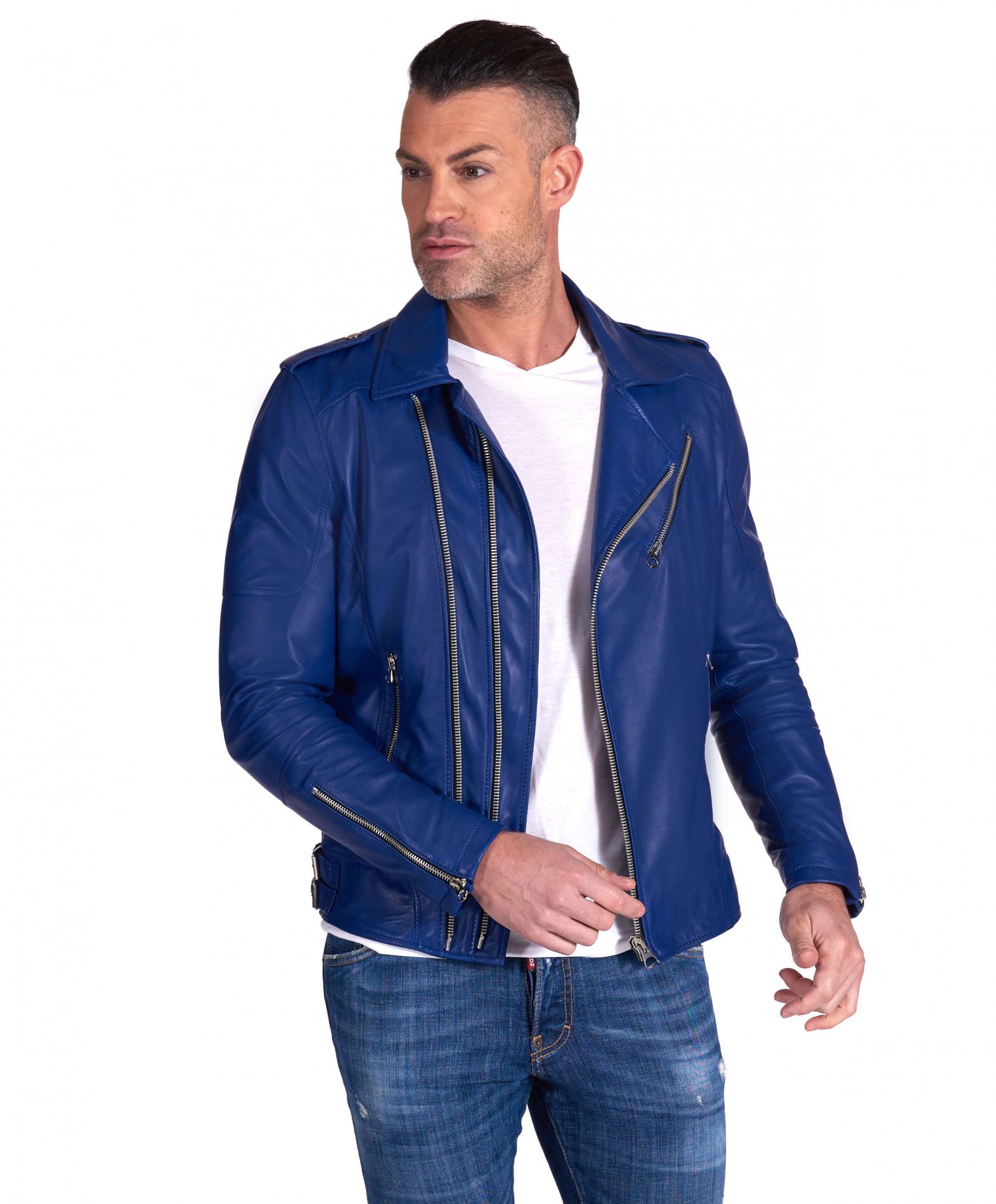 Mens leather biker jackets blue leather motorcycle jacket Santiago |  D\'Arienzo