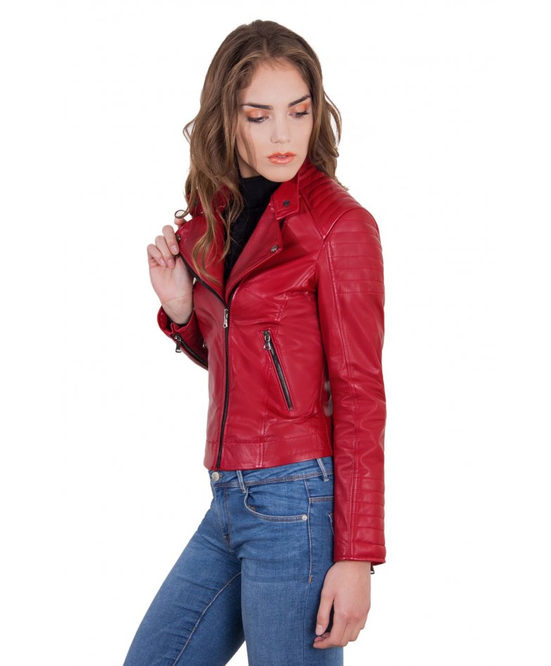 Women's Leather Biker Jacket Biker cross zip red colour Karim Trap | D ...