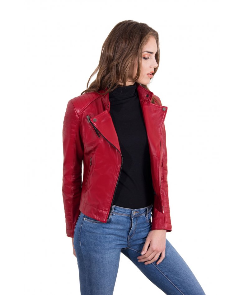 Women\'s Leather Biker Jacket Biker cross zip red colour Karim Trap |  D\'Arienzo