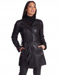 Cappotto in pelle nera con cintura nappa effetto liscio