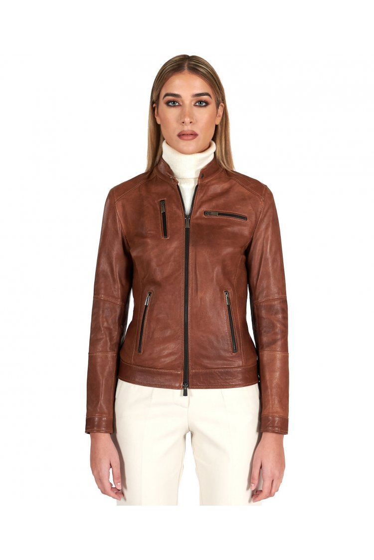 Tan pull up lamb leather biker jacket four zipper pockets