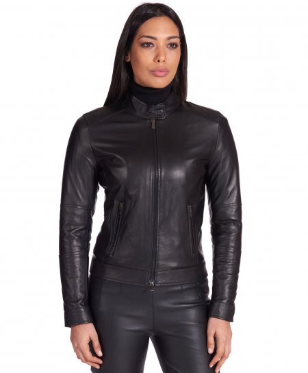 Black nappa lamb leather biker jacket two pockets