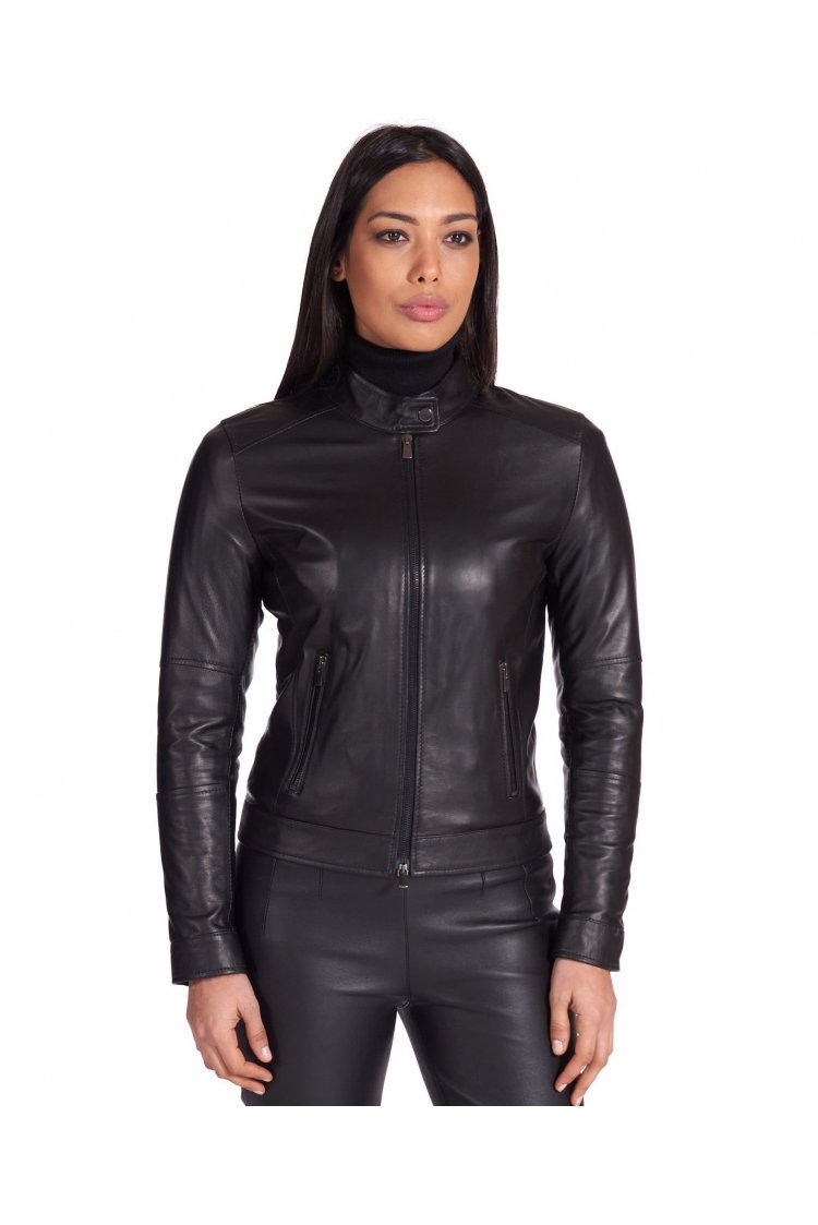 Black nappa lamb leather biker jacket two pockets