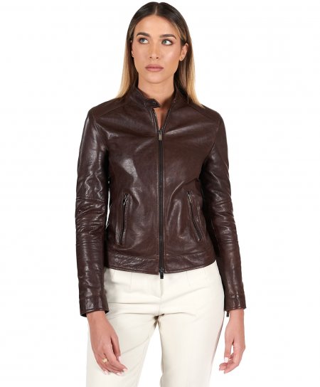 Dark brown pull up lamb leather biker jacket vintage effect