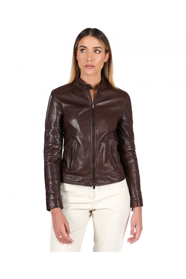 Dark brown pull up lamb leather biker jacket vintage effect