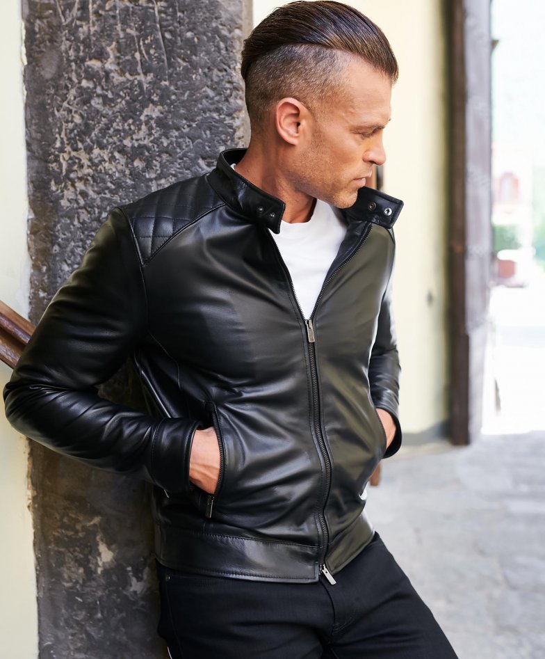 Men's Leather Jacket biker style mao collar black colour Emiliany Trap ...