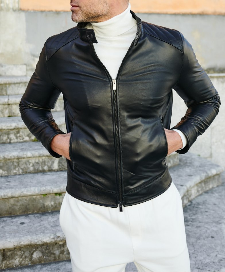 Men's Leather Jacket biker style mao collar black colour Emiliany Trap ...