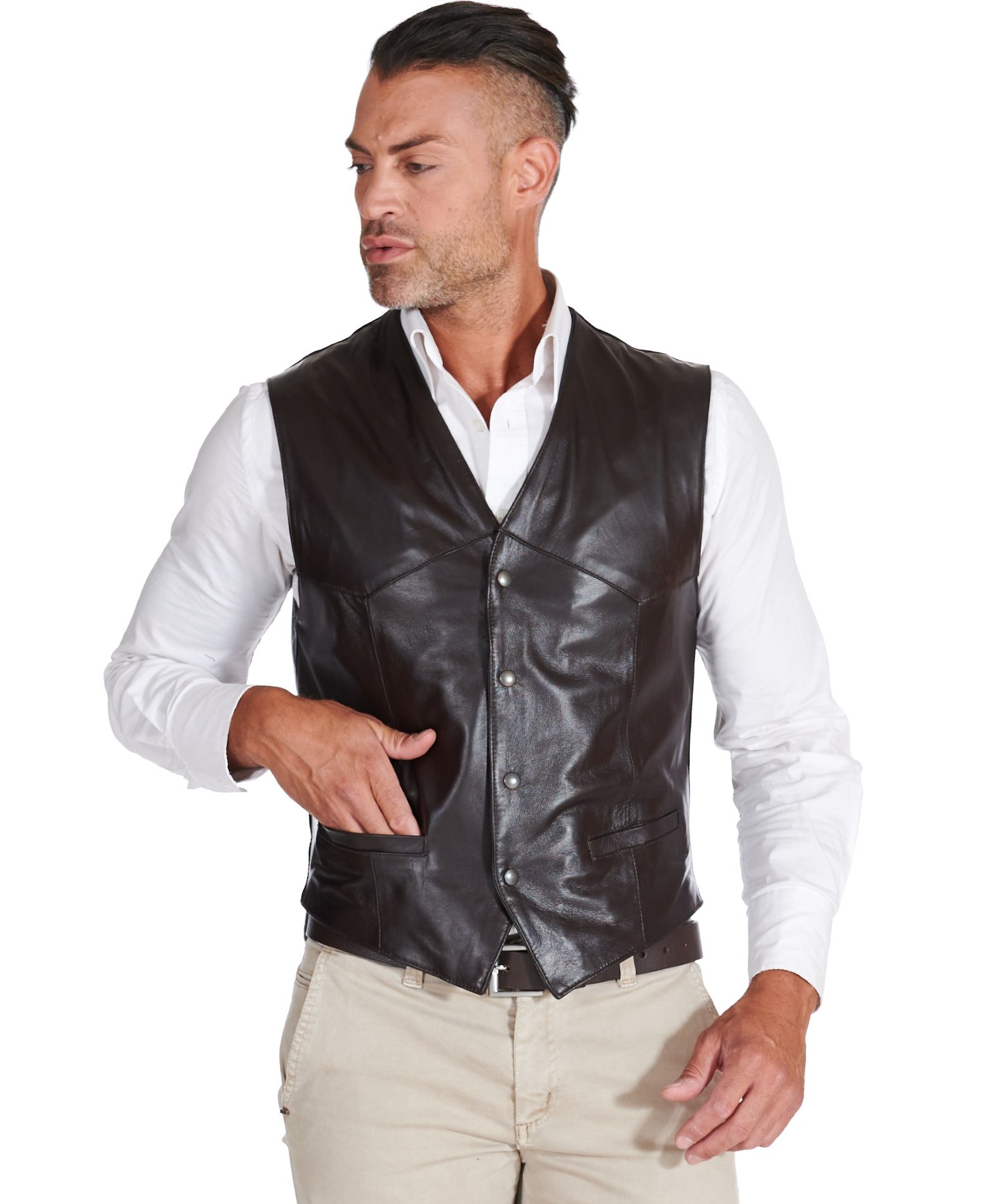 Man Vest Leather sleeveless gilet jacket soft leather brown Gilet