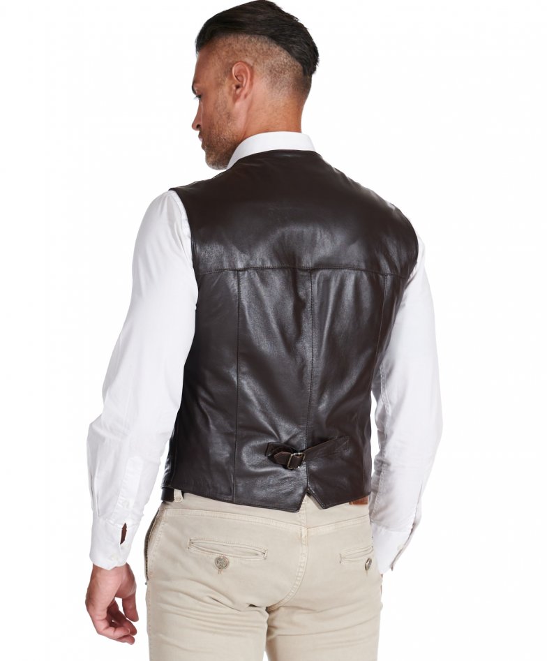 Gilet - Dark brown natural leather vest classic style jacket