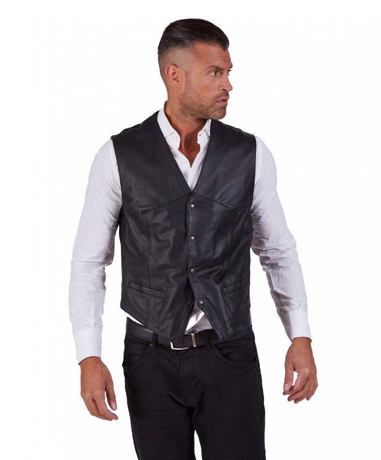 Gilet - Black nappa leather vest classic style jacket