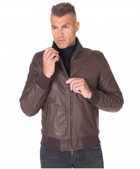 Brown natural vintage lamb leather bomber jacket