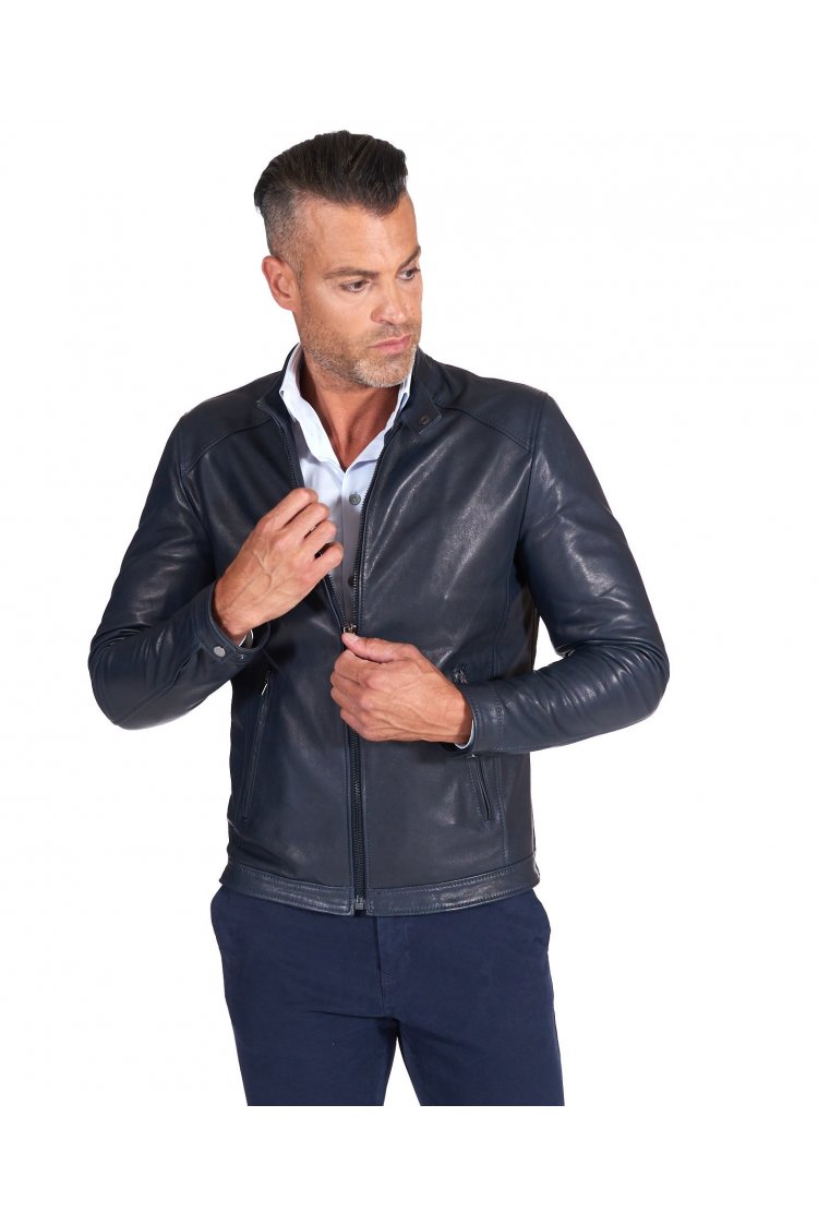 Blue lamb leather biker...