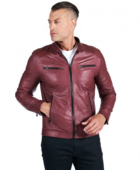 Bordeaux natural leather biker jacket four zipper pockets