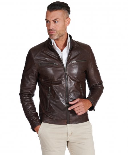 Dark brown pull up lamb leather biker jacket four zipper pockets