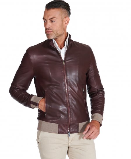 Bordeaux natural lamb leather bomber jacket contrasting beige rib wool
