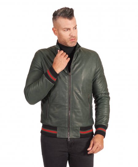 Green natural lamb leather bomber jacket vintage aspect