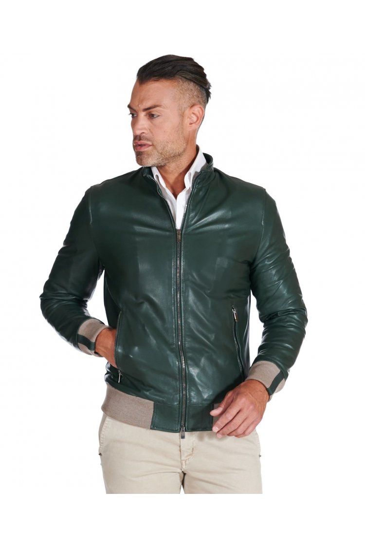 Green natural lamb leather bomber jacket contrating beige rib wool