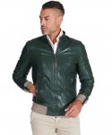 Blouson bomber cuir naturel vert homme laine à contraste beige