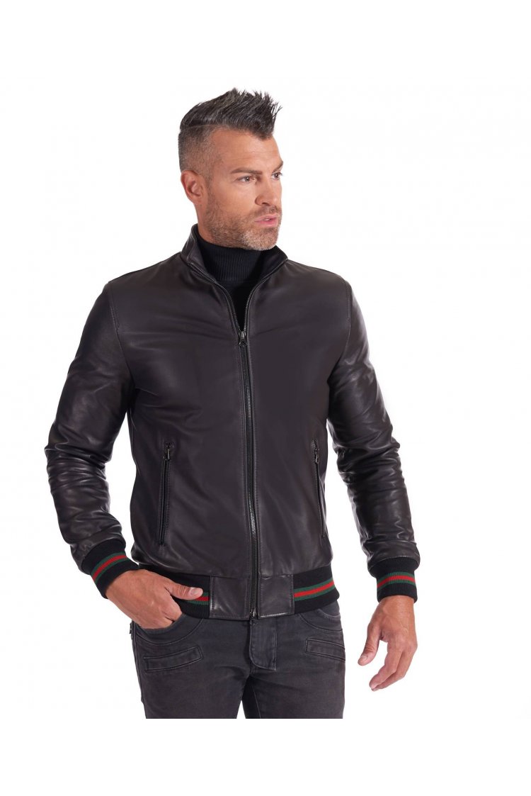 Black nappa lamb leather bomber jacket smooth aspect