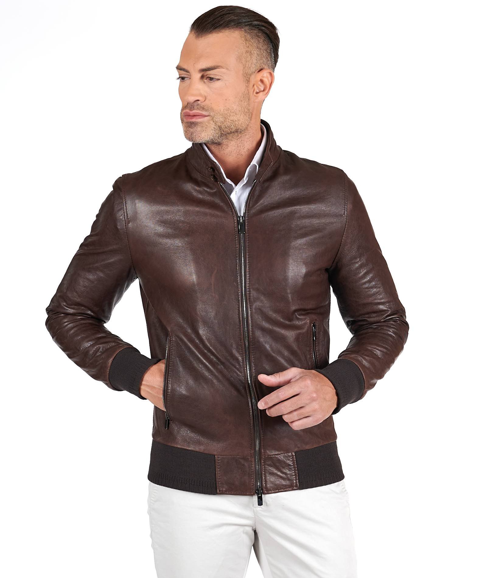 Men Dark Brown Leather Bomber Jacket