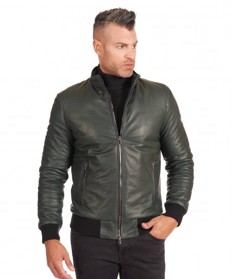 Green natural lamb leather bomber jacket smooth aspect