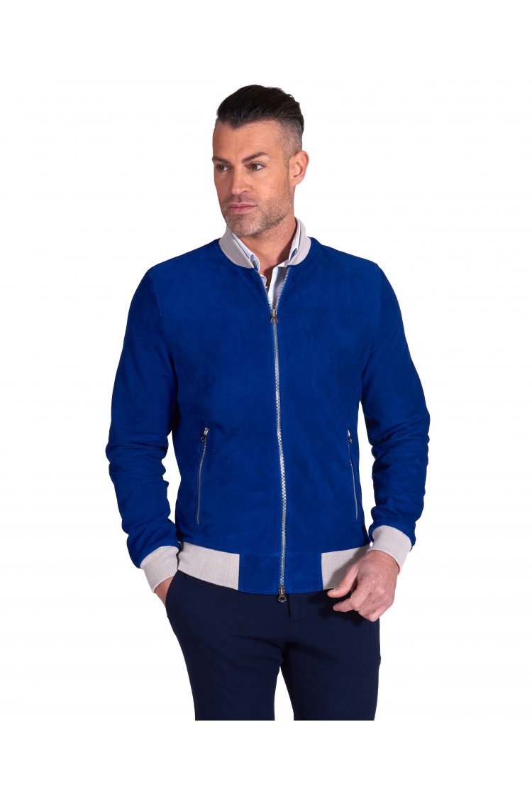 Blue electric suede lamb leather bomber jacket contrasting