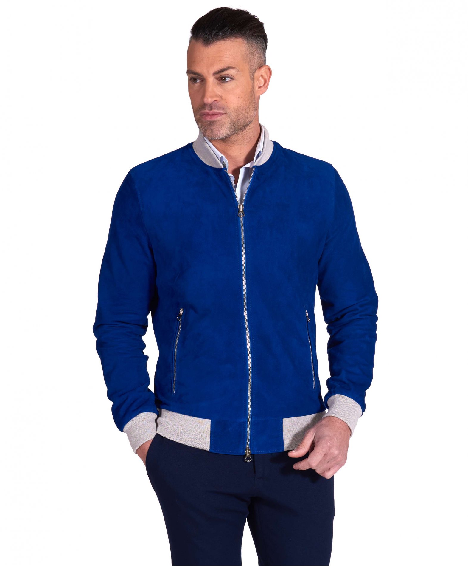 Men's suede leather jacket blue suede bomber jacket College | D'Arienzo