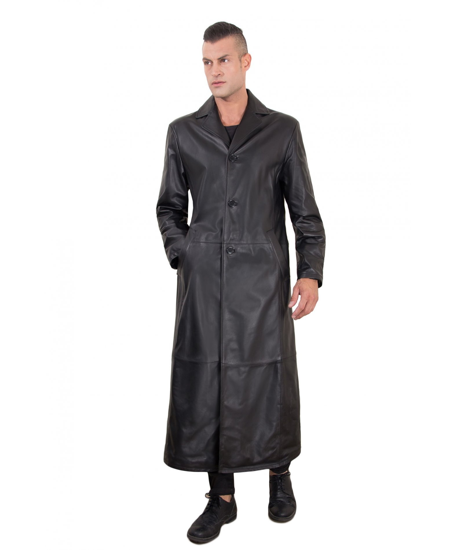 Men's long Leather coat genuine soft leather 2 pockets buttons closing  black color 2299 Matrix