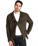 Chiodo biker in pelle nubuck marrone con cintura effetto anticato