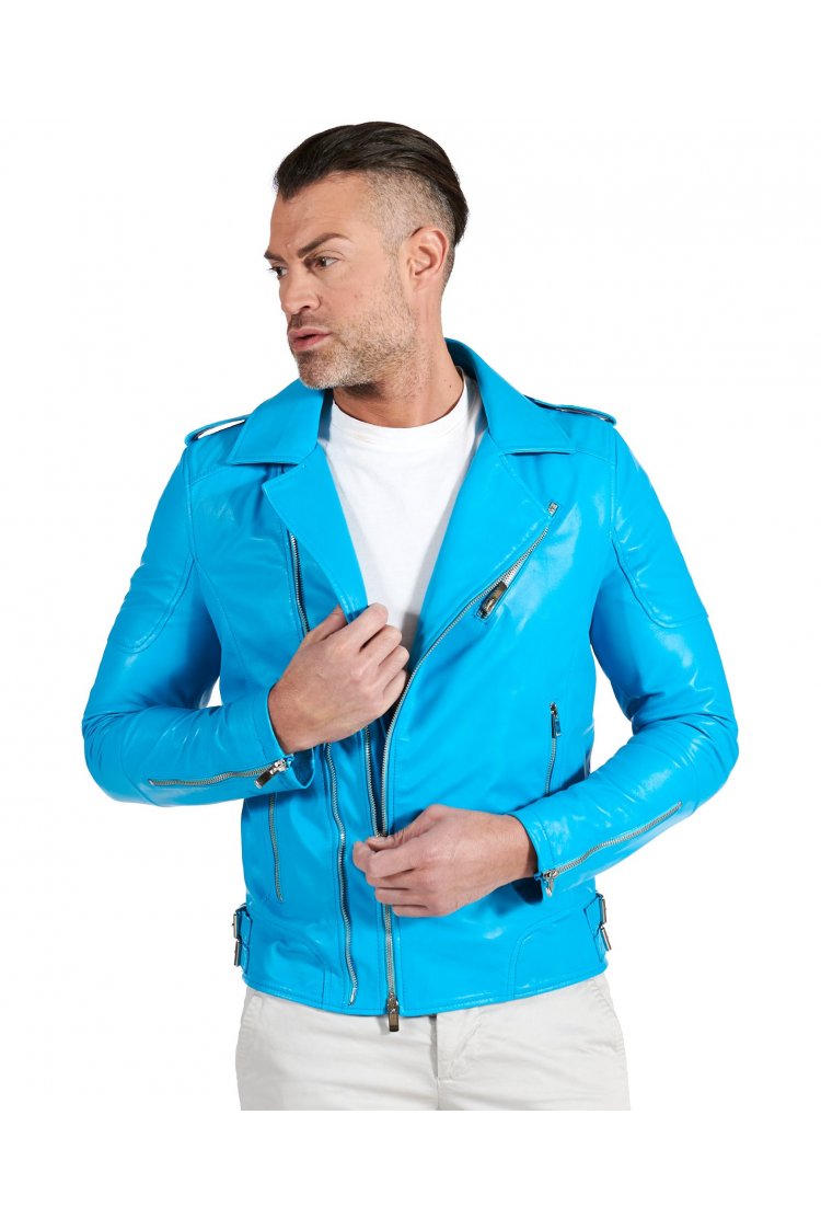 Mens leather biker jackets blue leather motorcycle jacket Santiago |  D'Arienzo