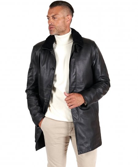 Black nappa lamb leather coat detachable quilt