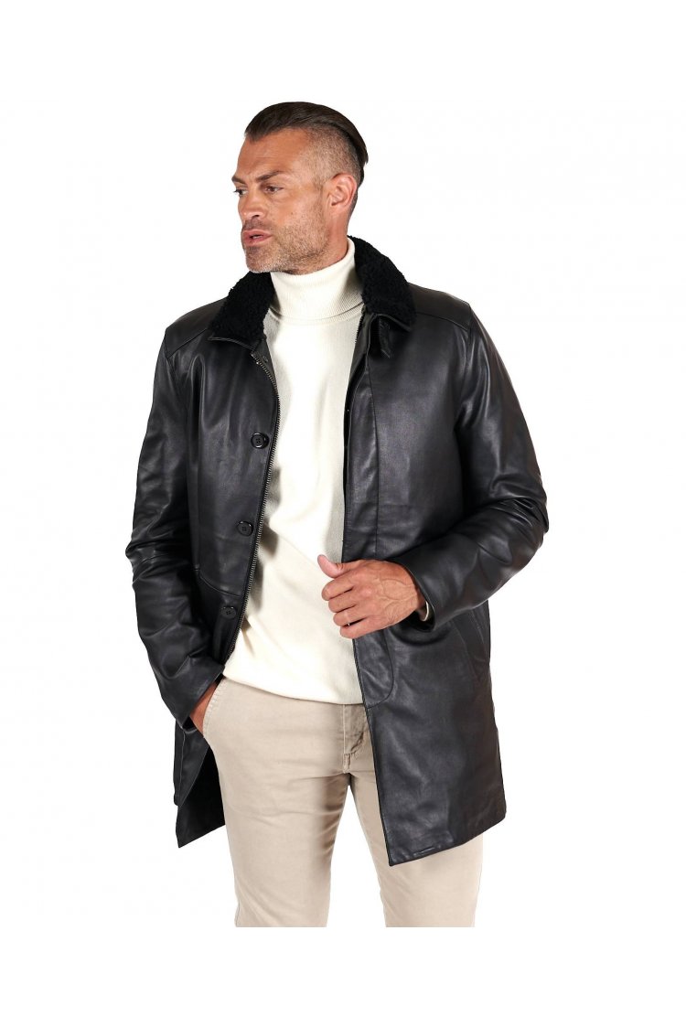 Black nappa lamb leather coat detachable quilt