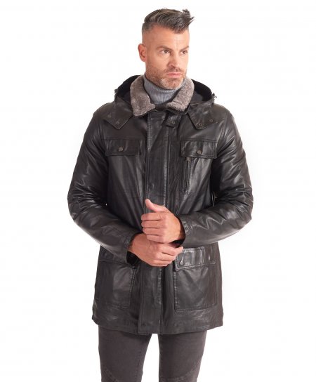 Black hooded nappa lamb leather coat flap pockets